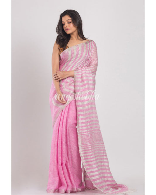 Pink Handwoven Linen Saree angoshobha