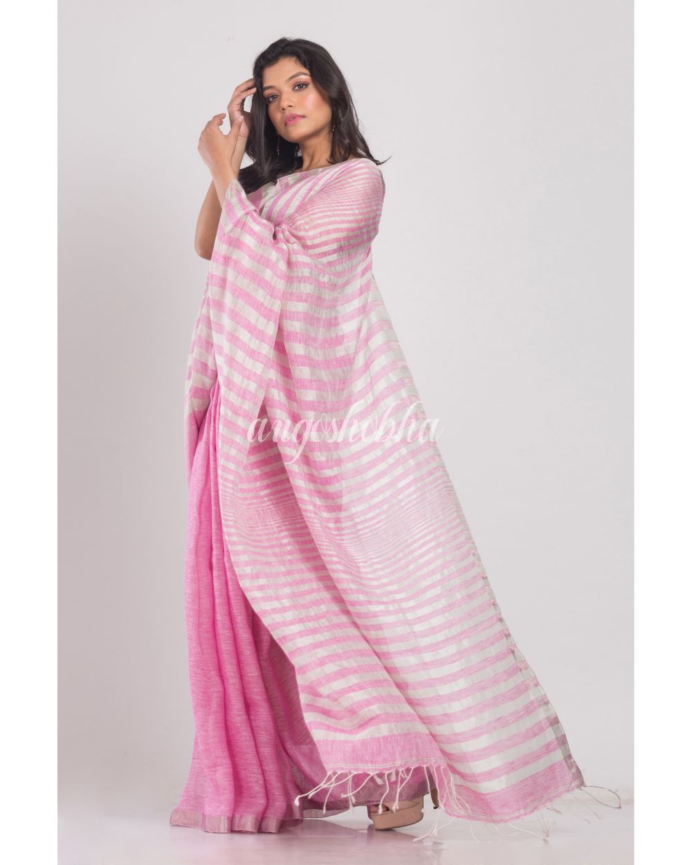 Pink Handwoven Linen Saree angoshobha
