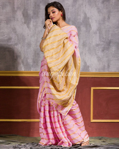 Pink Handwoven Linen Saree angoshobha