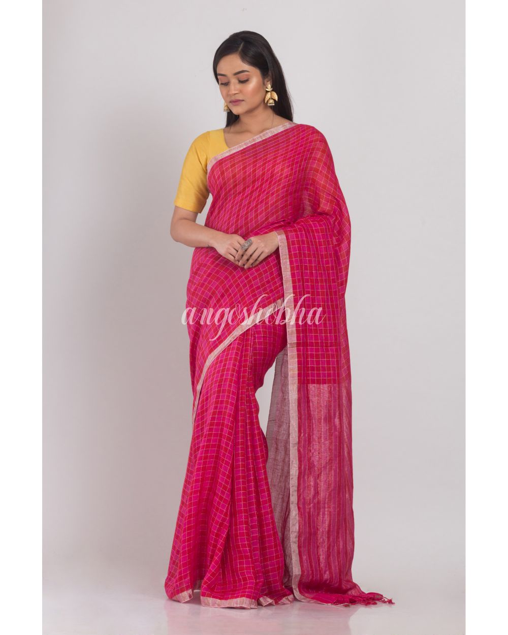 Pink Handwoven Linen Saree angoshobha