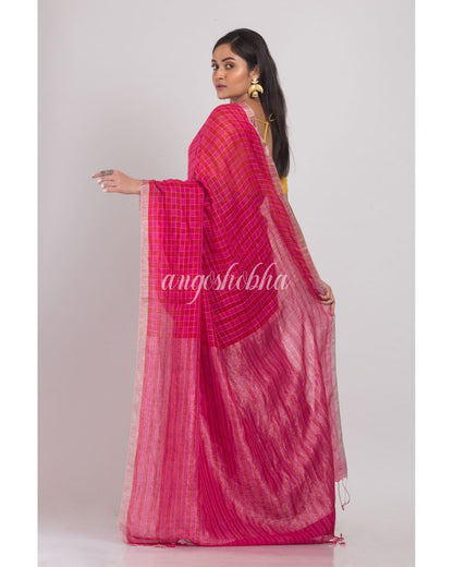 Pink Handwoven Linen Saree angoshobha