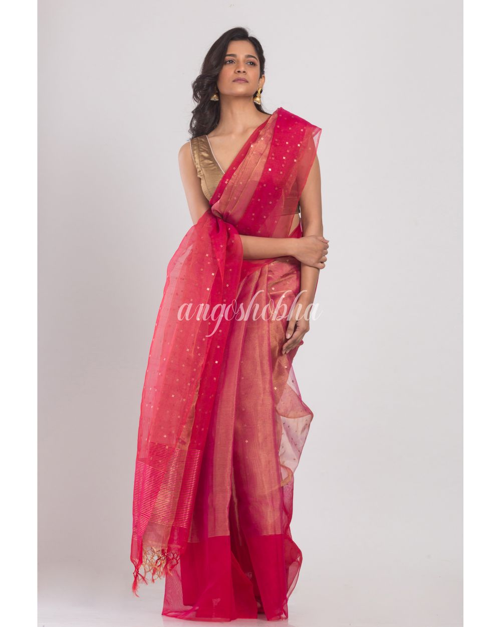 Pink Sequins Handwoven Silk Muslin Saree