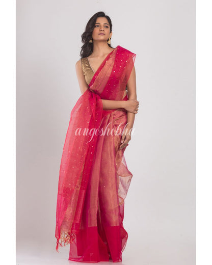 Pink Sequins Handwoven Silk Muslin Saree