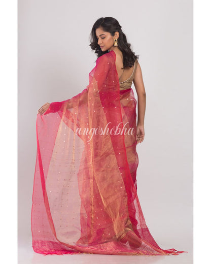 Pink Sequins Handwoven Silk Muslin Saree