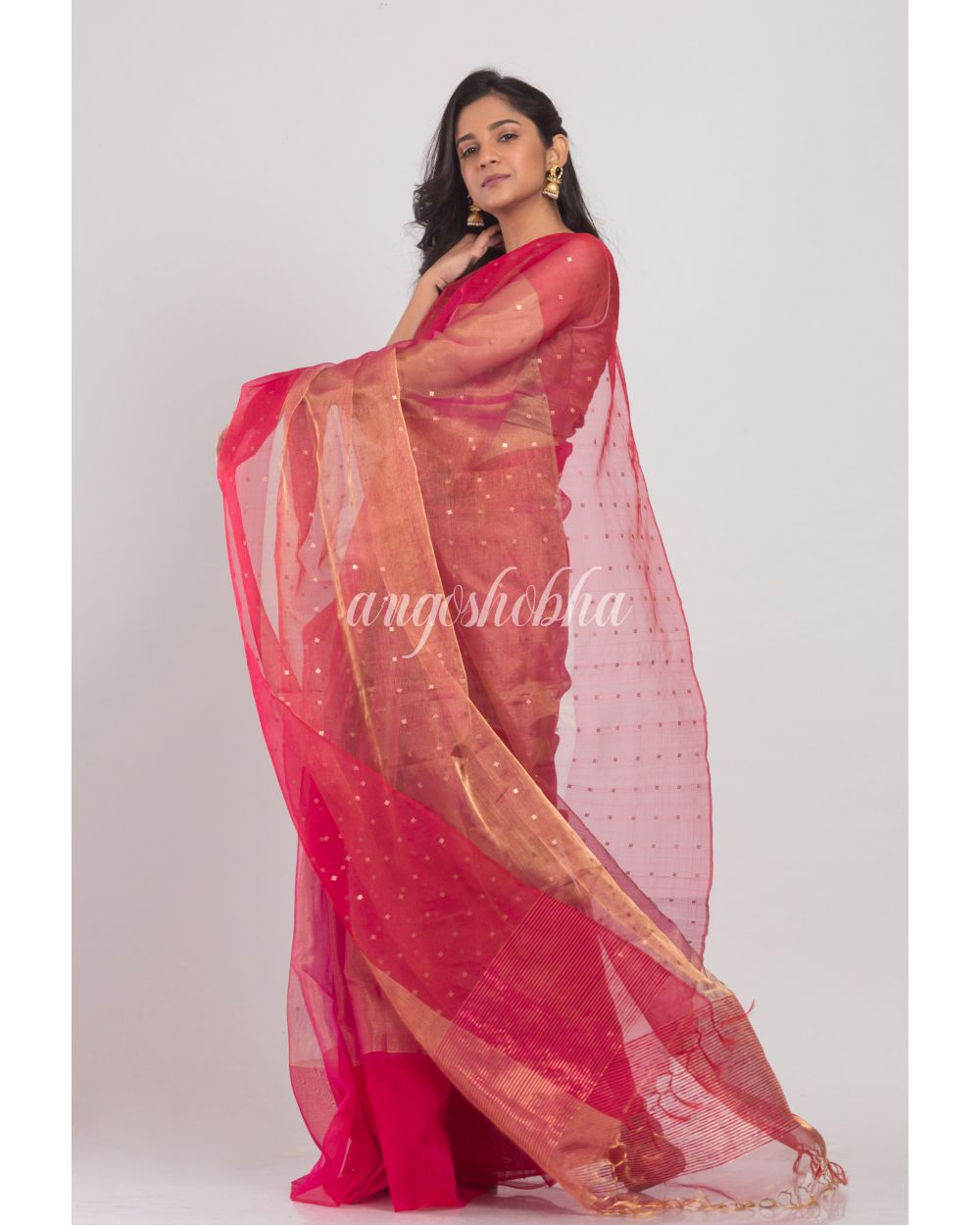 Pink Sequins Handwoven Silk Muslin Saree