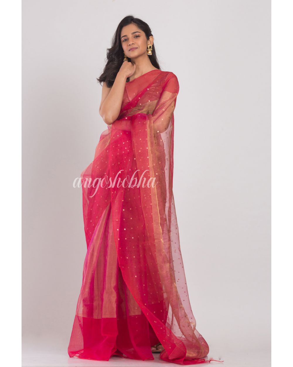 Pink Sequins Handwoven Silk Muslin Saree