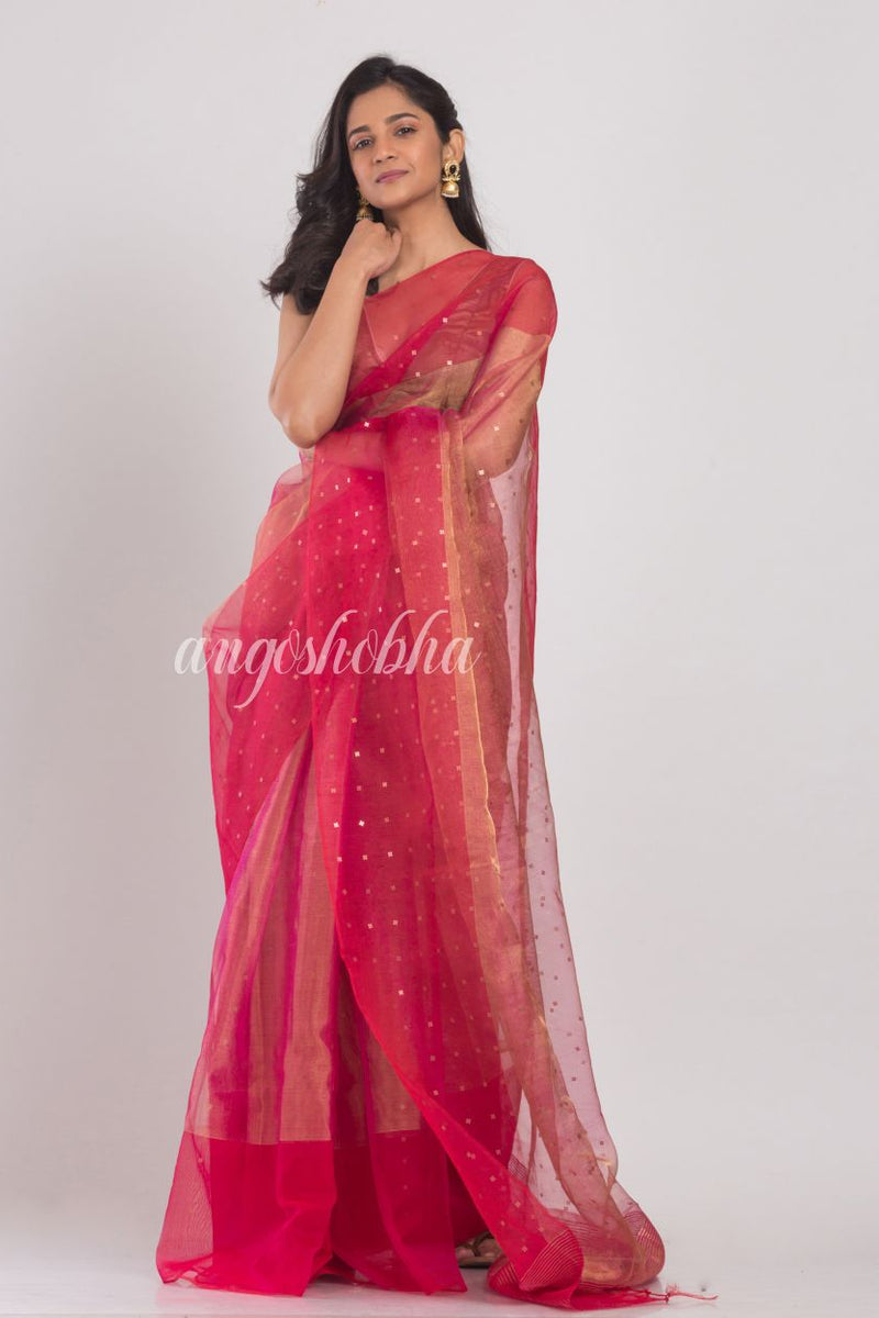 Pink Sequins Handwoven Silk Muslin Saree