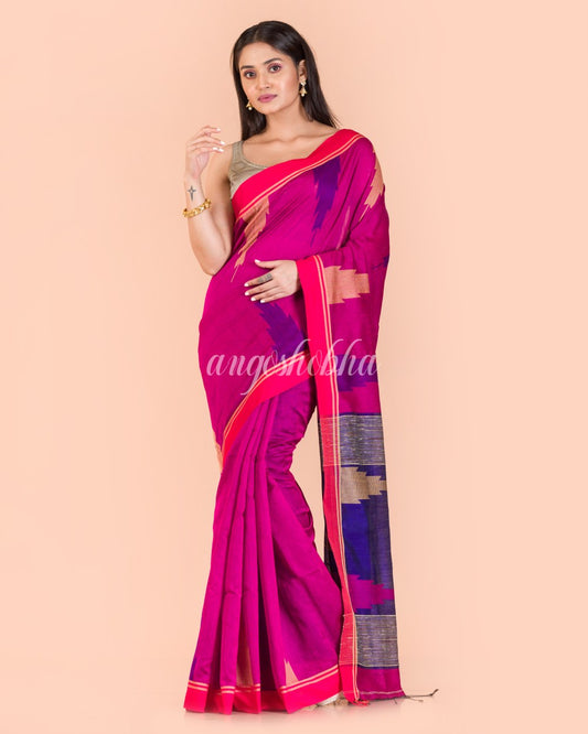 Pink Temple Border Blended Cotton Jamdani Saree angoshobha