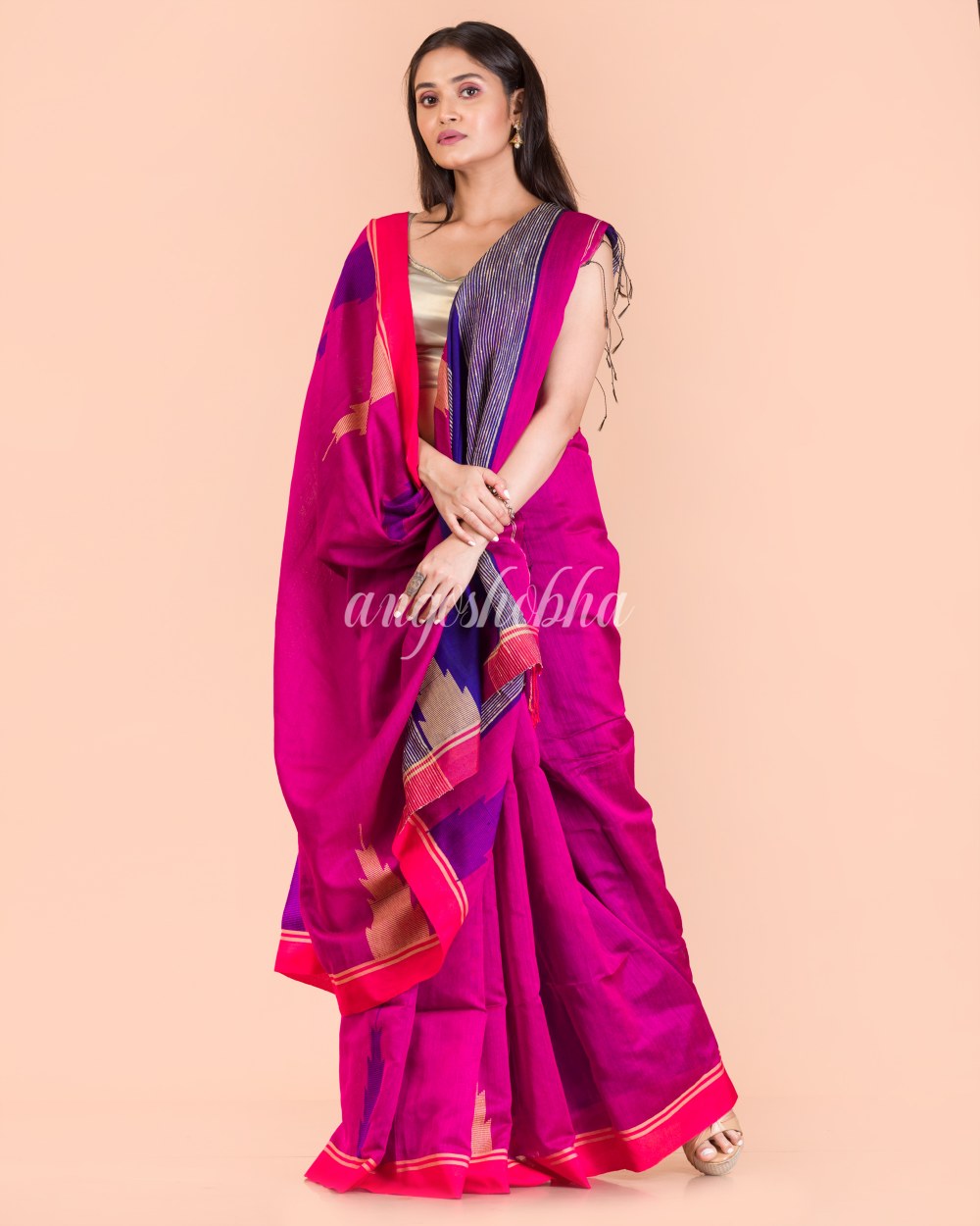 Pink Temple Border Blended Cotton Jamdani Saree angoshobha