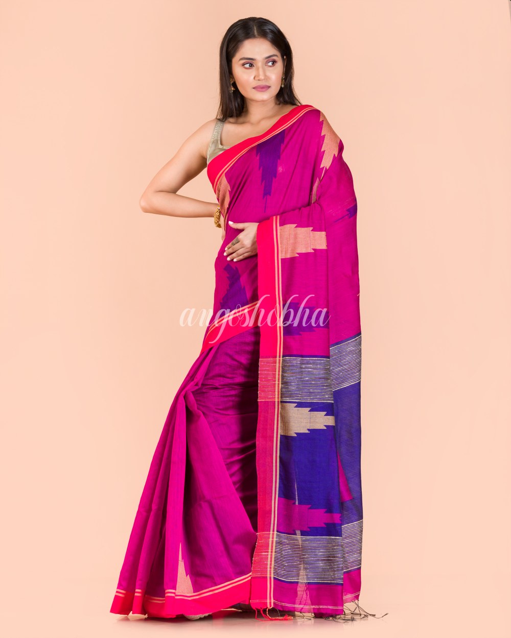 Pink Temple Border Blended Cotton Jamdani Saree angoshobha