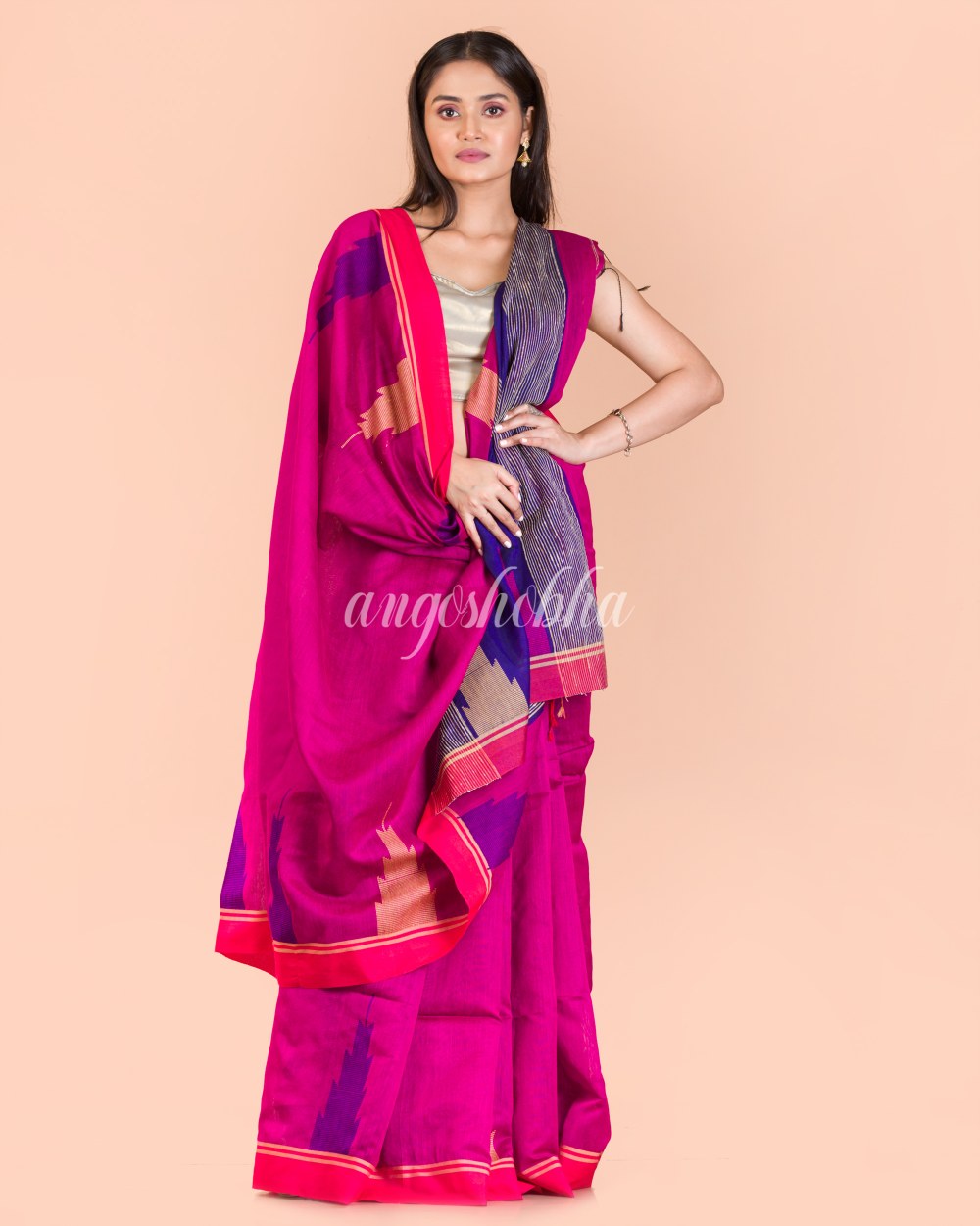 Pink Temple Border Blended Cotton Jamdani Saree angoshobha