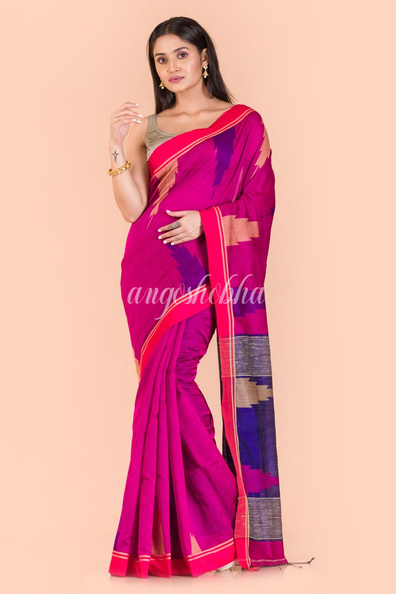Pink Temple Border Blended Cotton Jamdani Saree