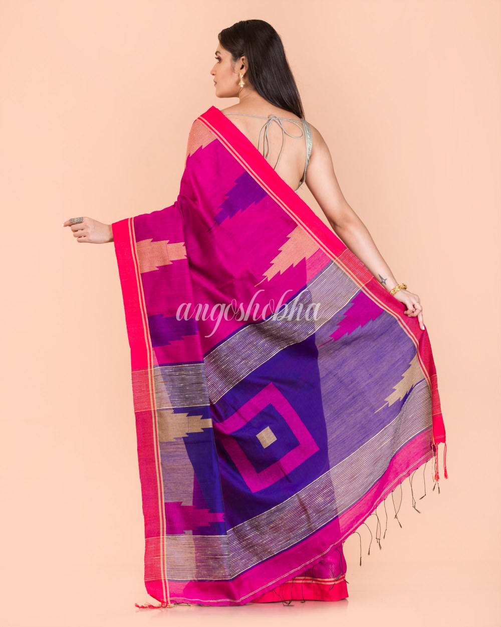 Pink Temple Border Blended Cotton Jamdani Saree angoshobha
