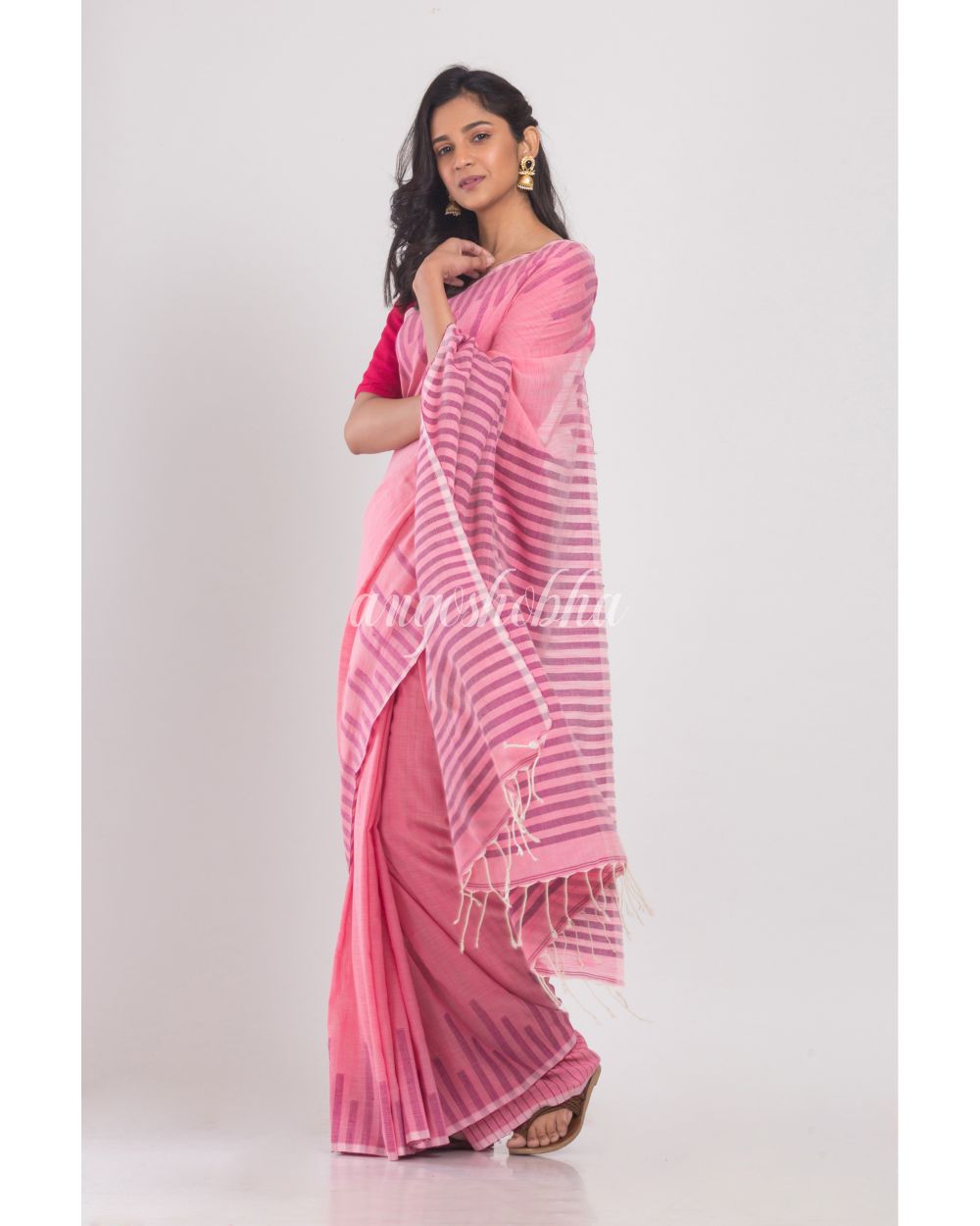 Pink Temple Border Cotton Saree angoshobha
