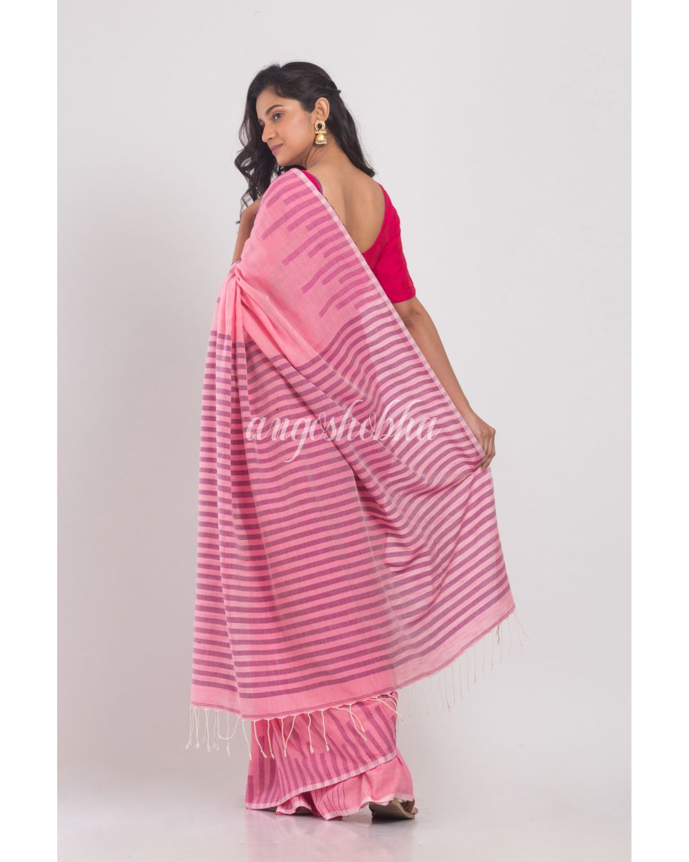 Pink Temple Border Cotton Saree angoshobha
