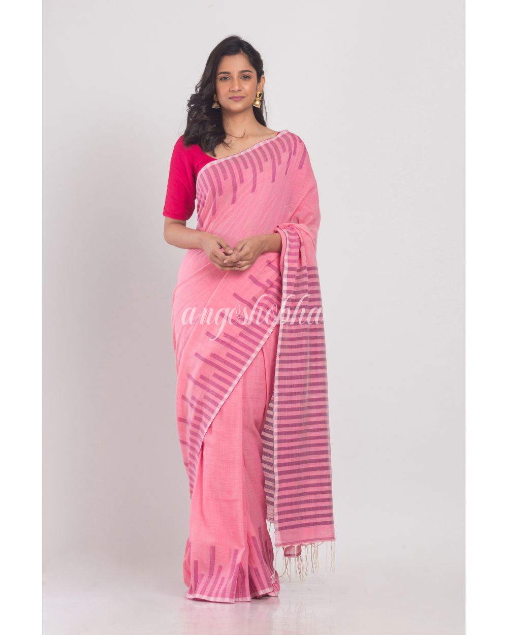 Pink Temple Border Cotton Saree angoshobha