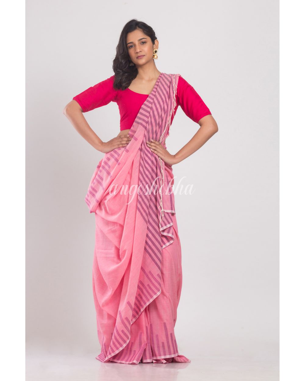 Pink Temple Border Cotton Saree angoshobha