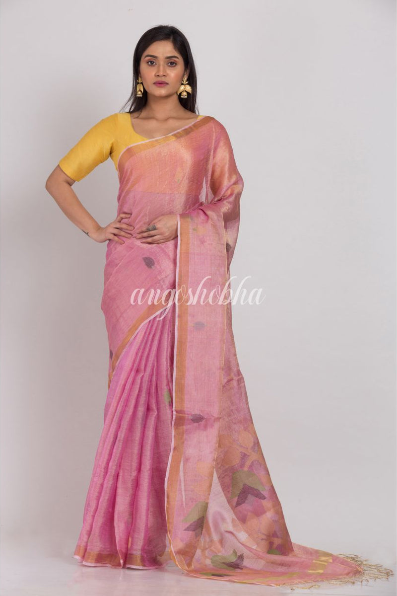 Pink Tussar Silk Jamdani Saree