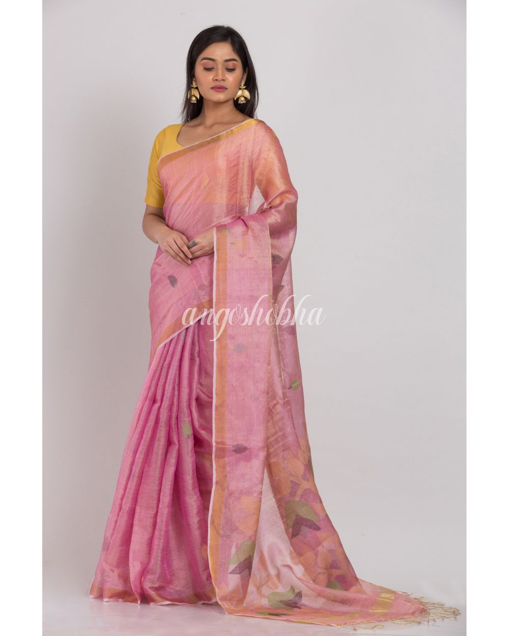 Pink Tussar Silk Jamdani Saree angoshobha