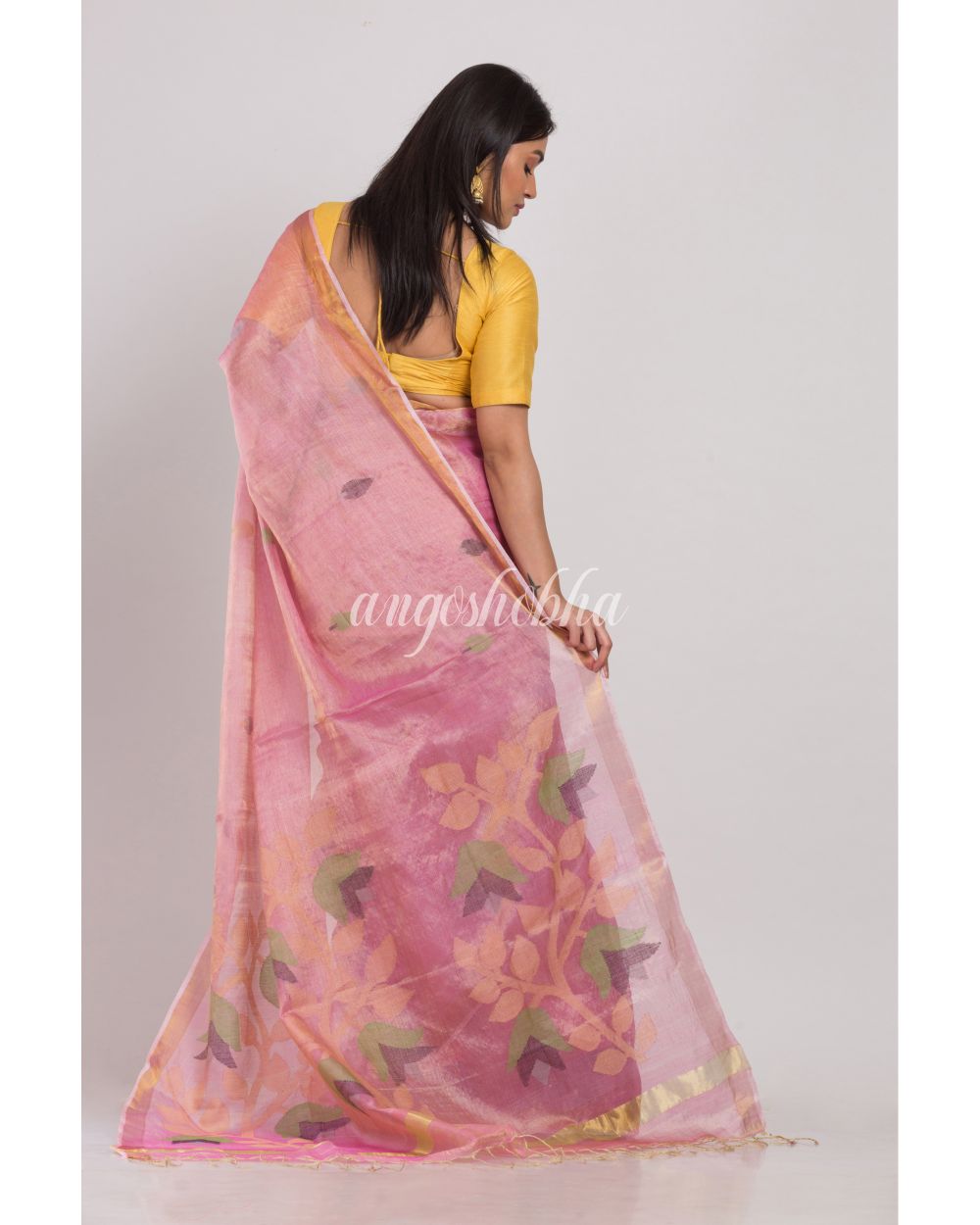 Pink Tussar Silk Jamdani Saree angoshobha
