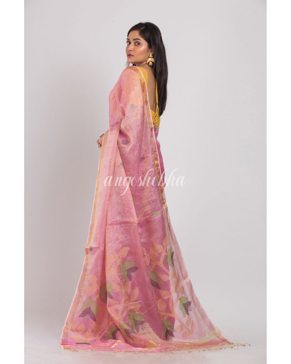 Pink Tussar Silk Jamdani Saree angoshobha