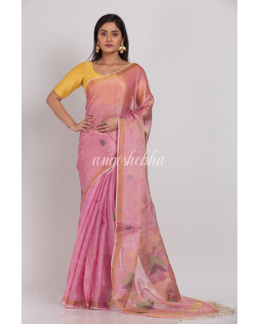 Pink Tussar Silk Jamdani Saree angoshobha