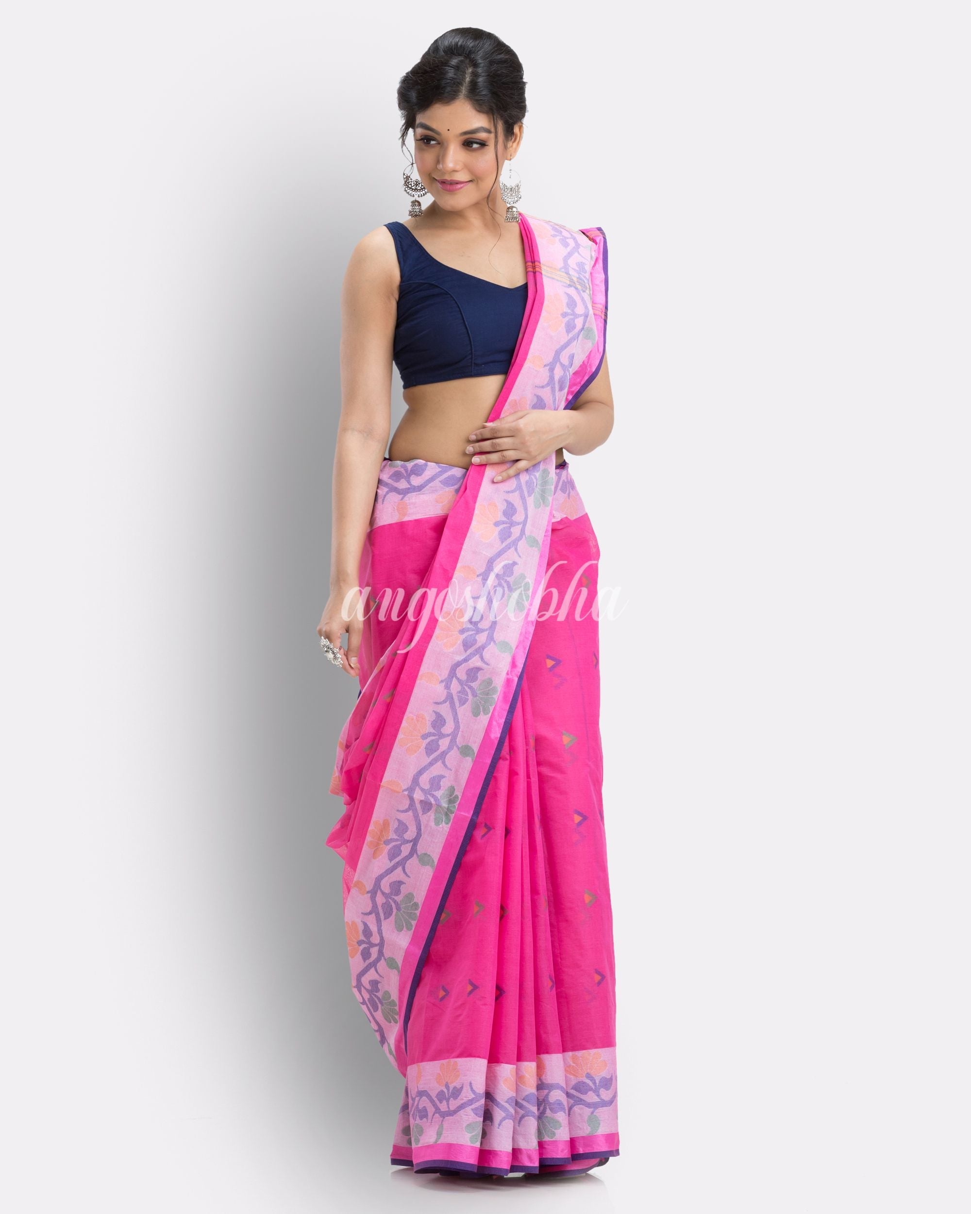 Pink Woven Design Pure Cotton Handloom Taant Saree angoshobha
