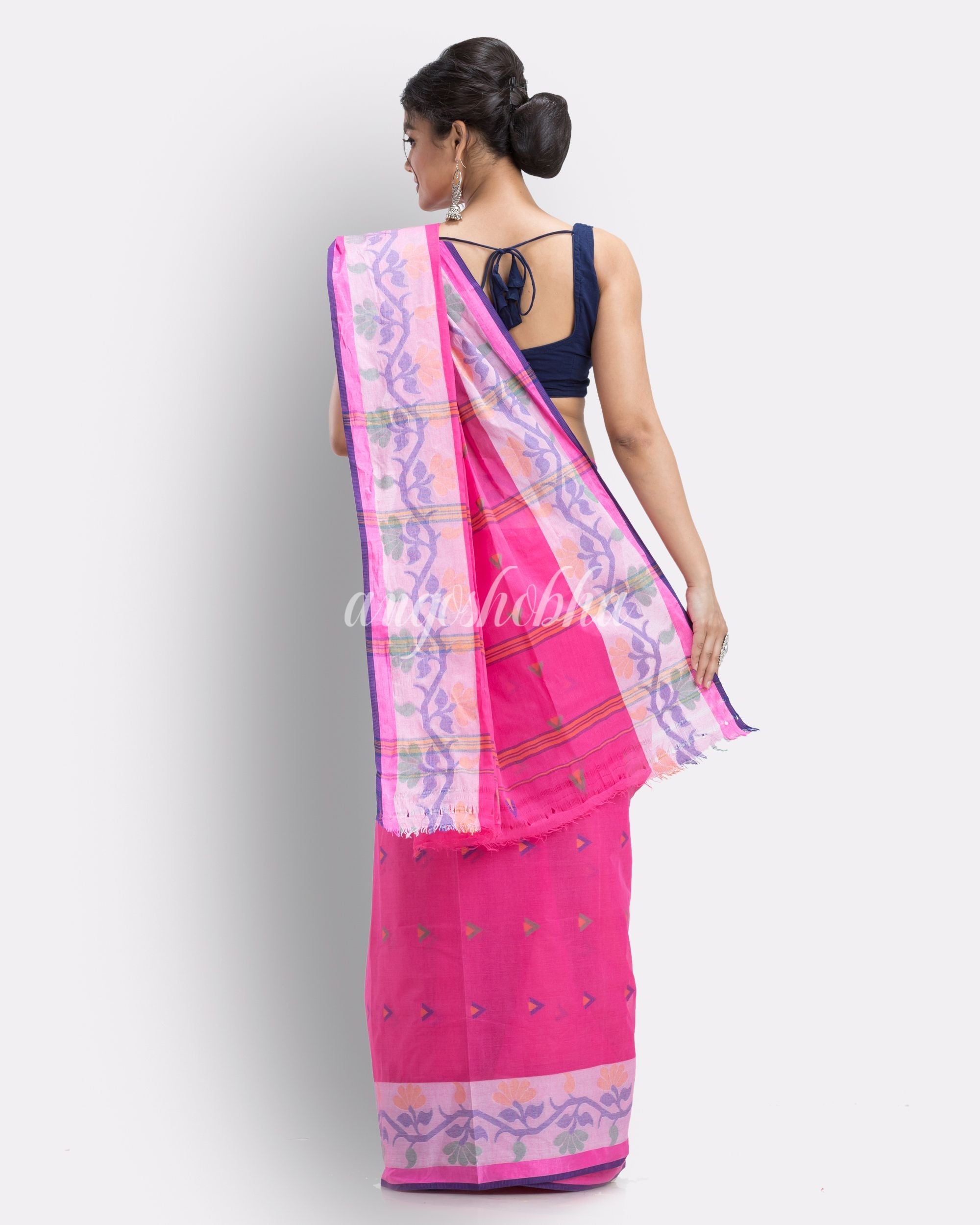 Pink Woven Design Pure Cotton Handloom Taant Saree angoshobha