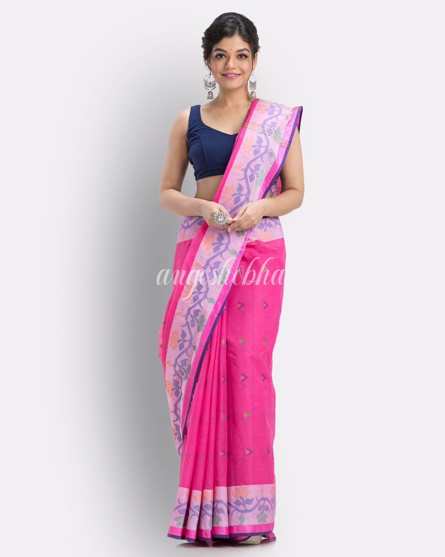 Pink Woven Design Pure Cotton Handloom Taant Saree angoshobha