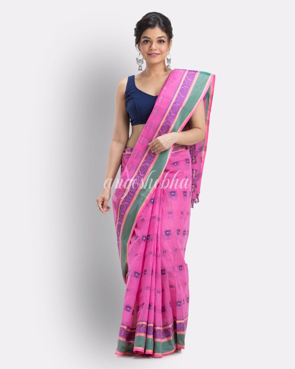 Pink Woven Design Pure Cotton Handwoven Tant Saree angoshobha