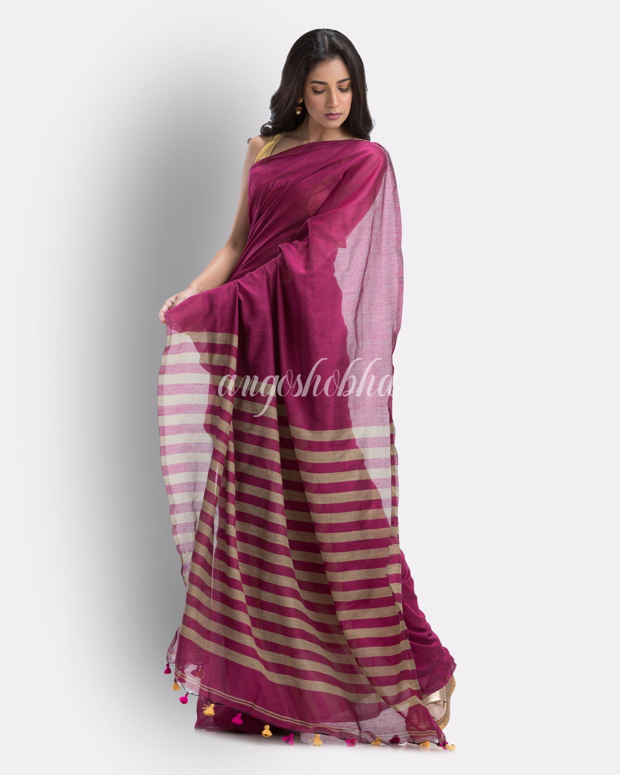Pink handloom bengal cotton saree angoshobha
