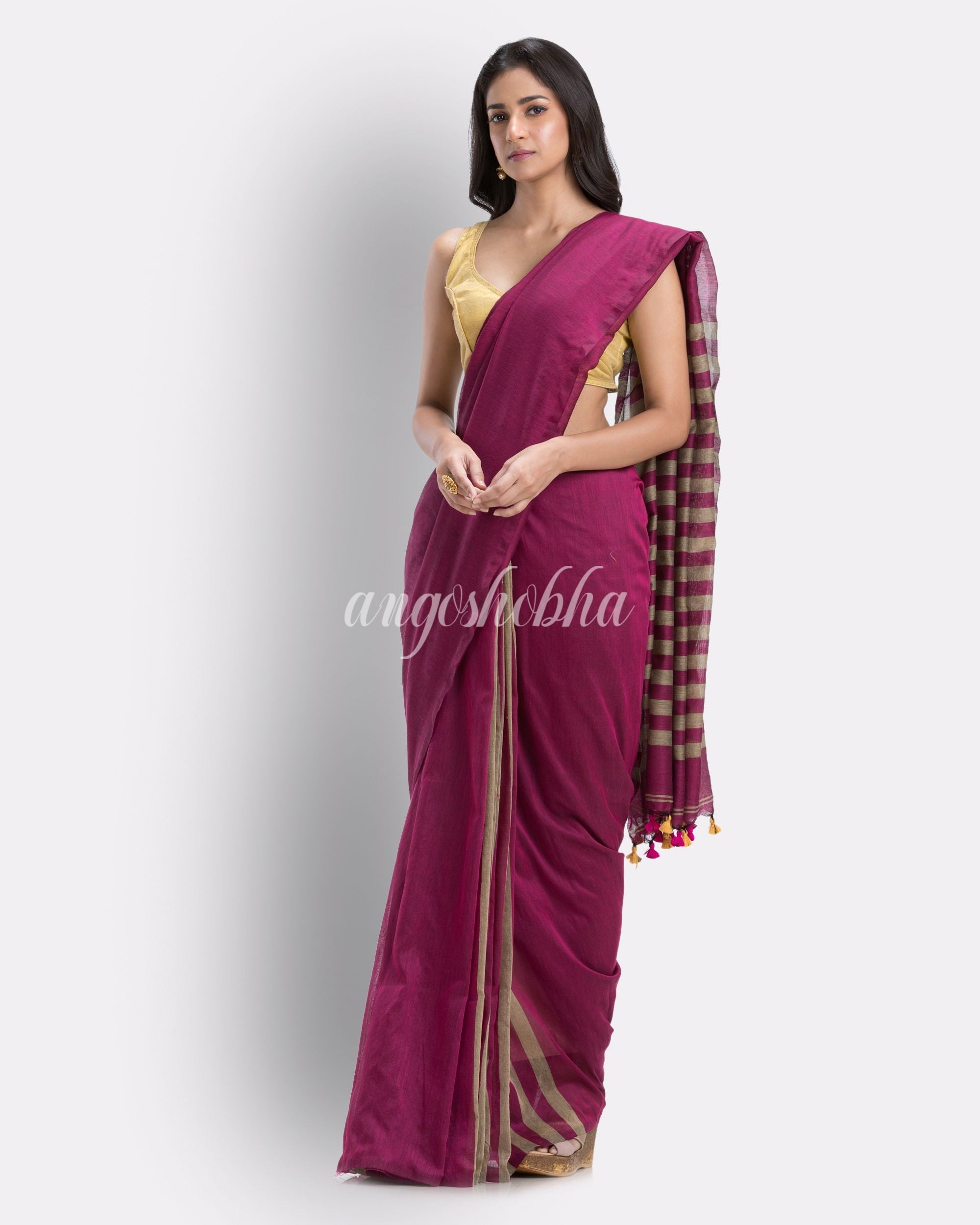 Pink handloom bengal cotton saree angoshobha