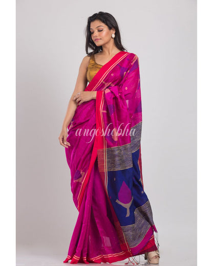 Pink handwoven Cotton Silk Jamdani Saree angoshobha