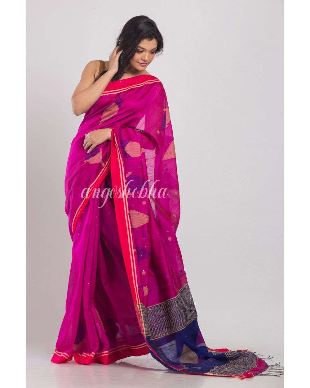 Pink handwoven Cotton Silk Jamdani Saree angoshobha