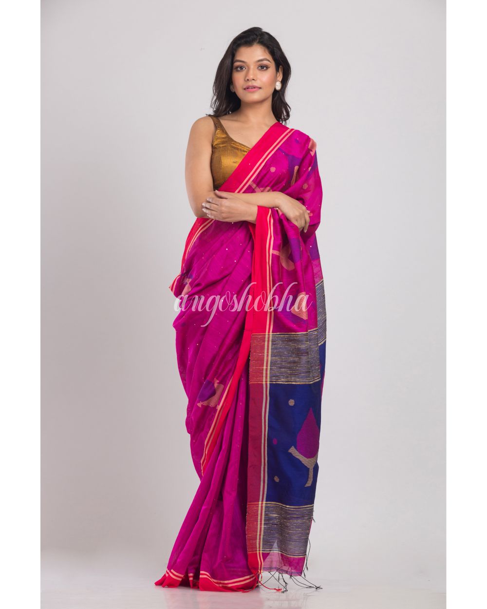 Pink handwoven Cotton Silk Jamdani Saree angoshobha