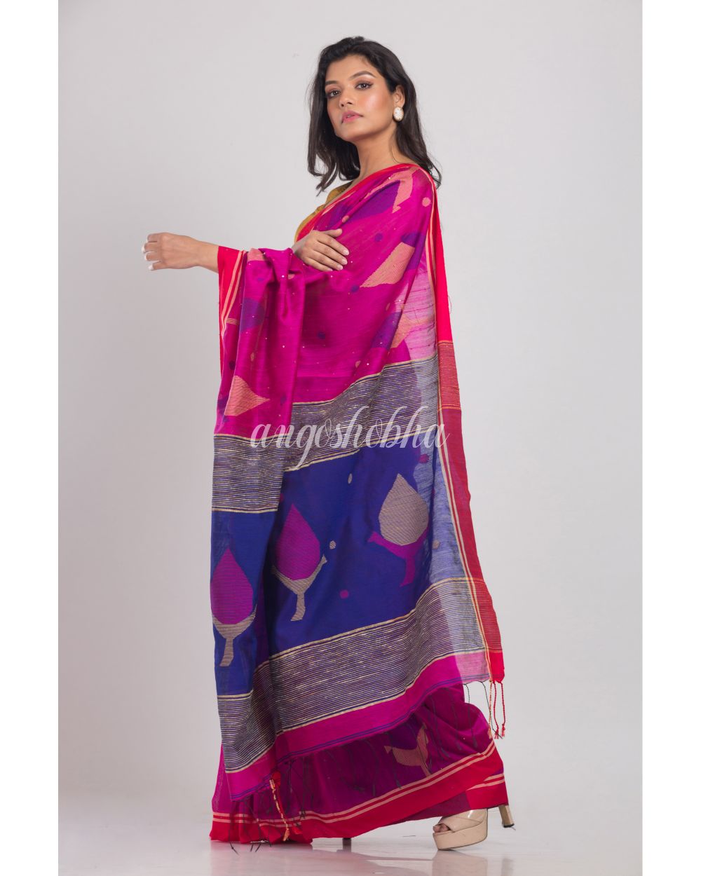 Pink handwoven Cotton Silk Jamdani Saree angoshobha