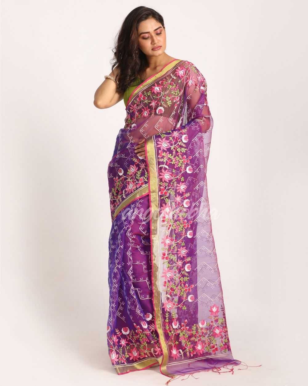 Purple  Art Silk Muslin Handloom Embroidery Saree angoshobha