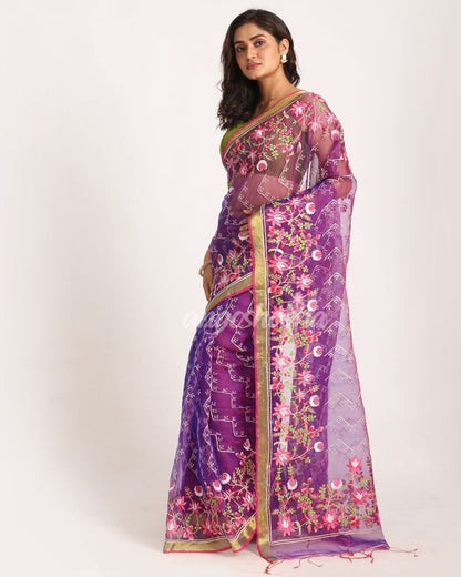 Purple  Art Silk Muslin Handloom Embroidery Saree angoshobha