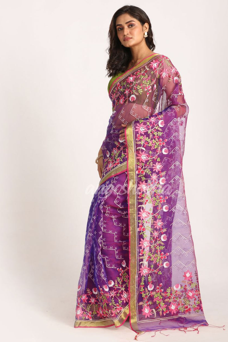Purple  Art Silk Muslin Handloom Embroidery Saree