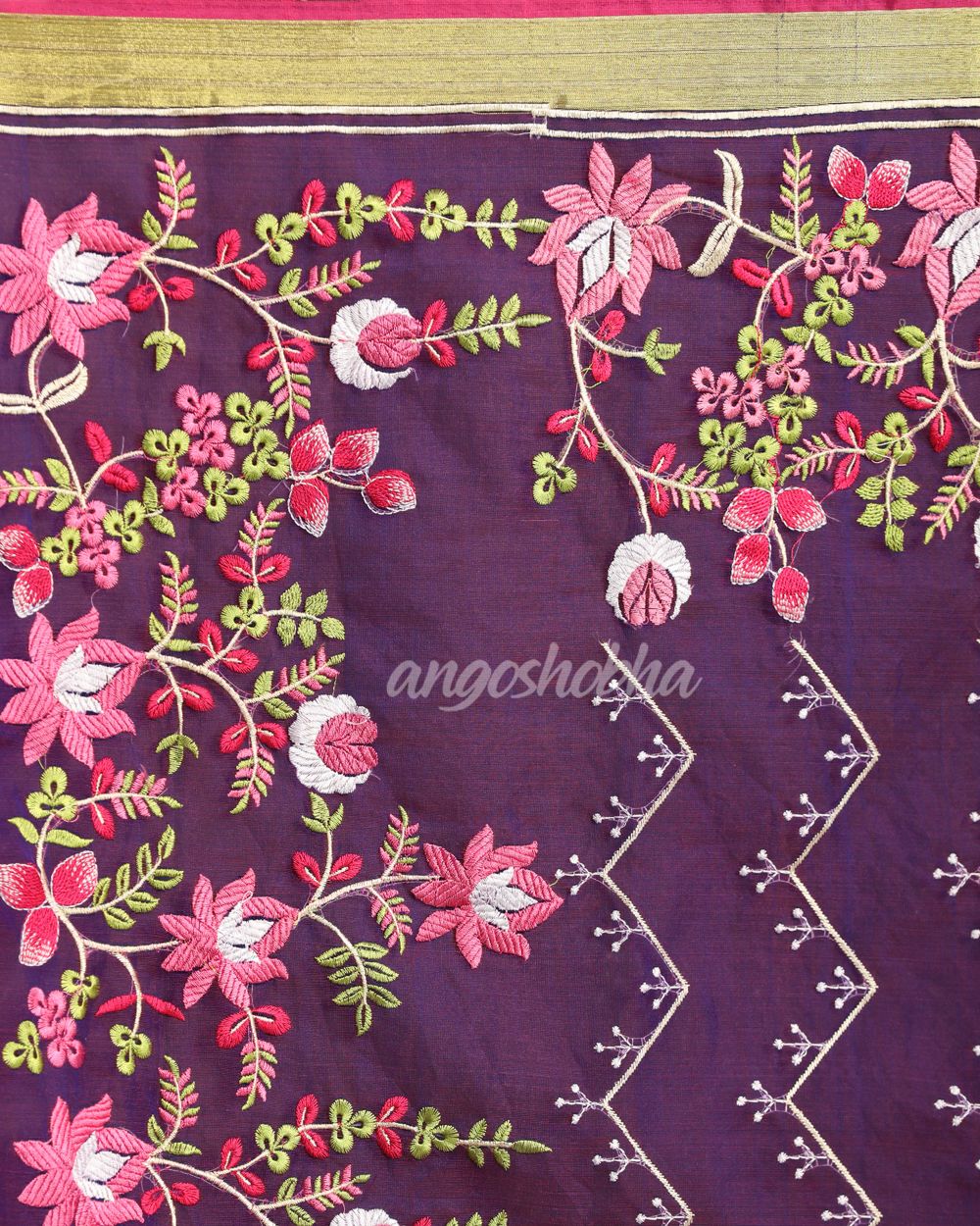 Purple  Art Silk Muslin Handloom Embroidery Saree angoshobha