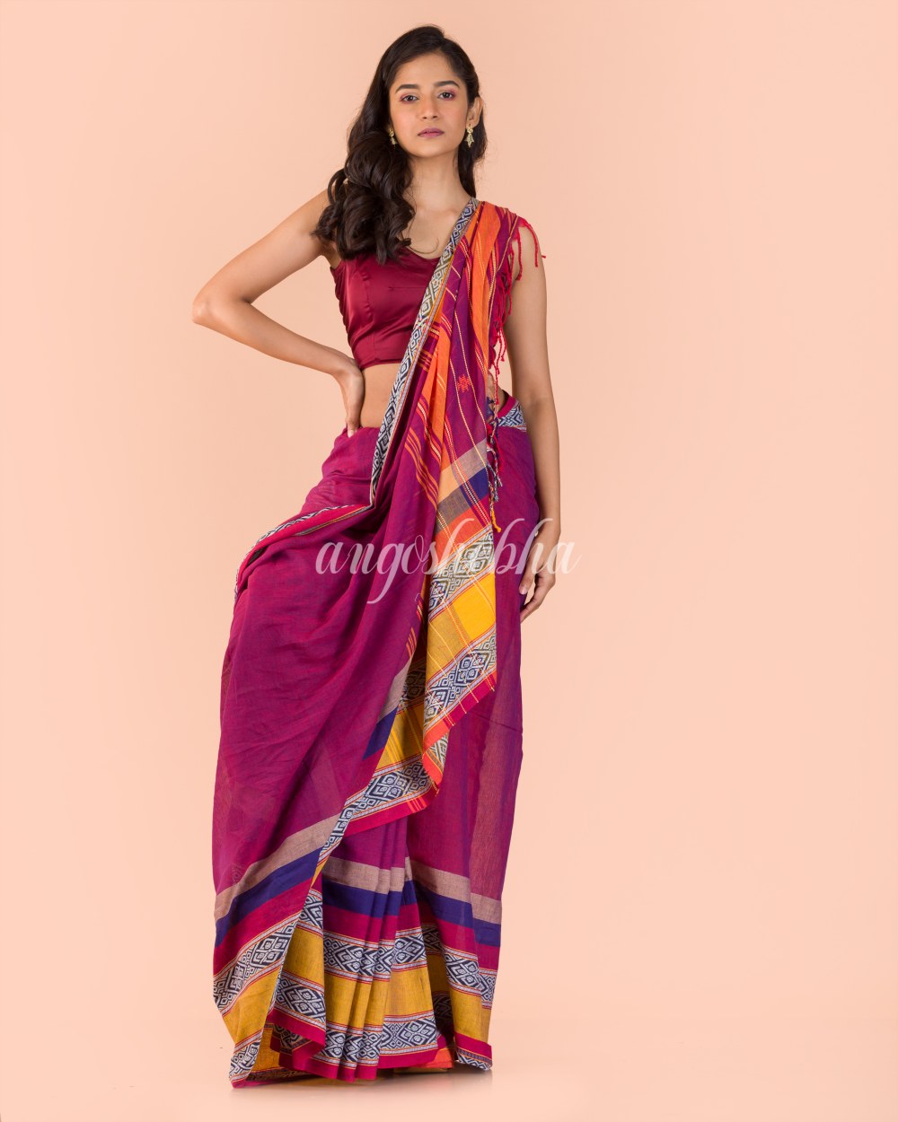 Purple Cotton Begampuri Saree angoshobha