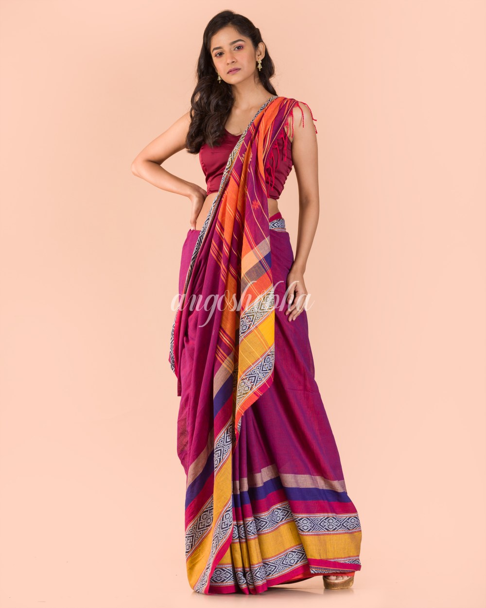 Purple Cotton Begampuri Saree angoshobha