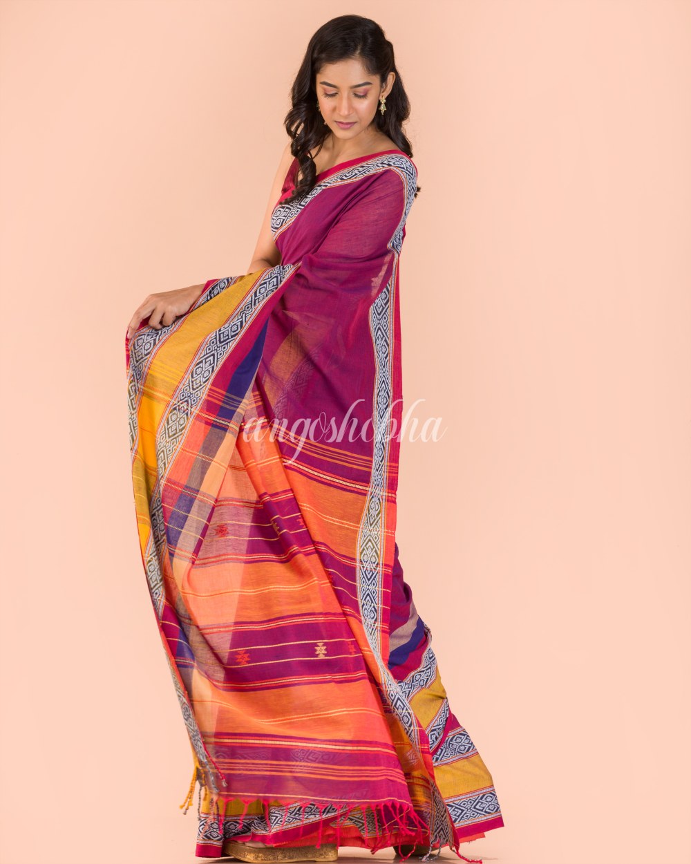 Purple Cotton Begampuri Saree angoshobha