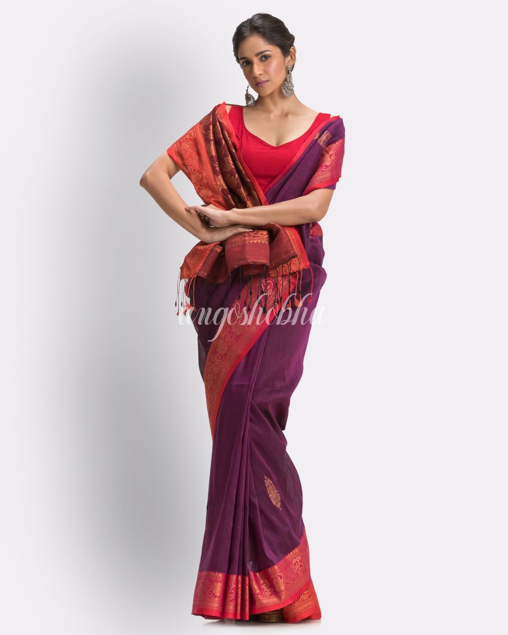 Purple Handloom Traditional Tangail Linen Saree angoshobha