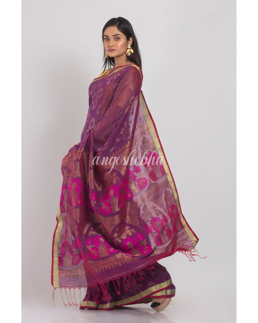 Purple Linen Jamdani Saree angoshobha