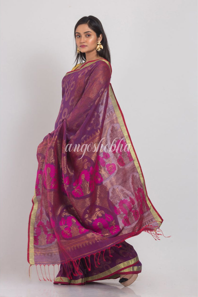 Purple Linen Jamdani Saree