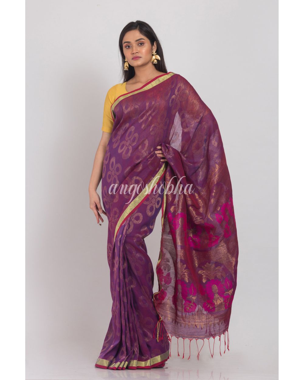 Purple Linen Jamdani Saree angoshobha
