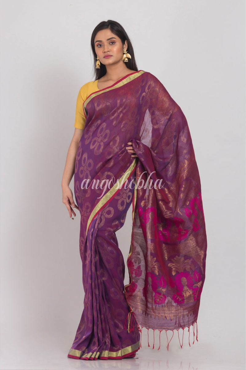 Purple Linen Jamdani Saree
