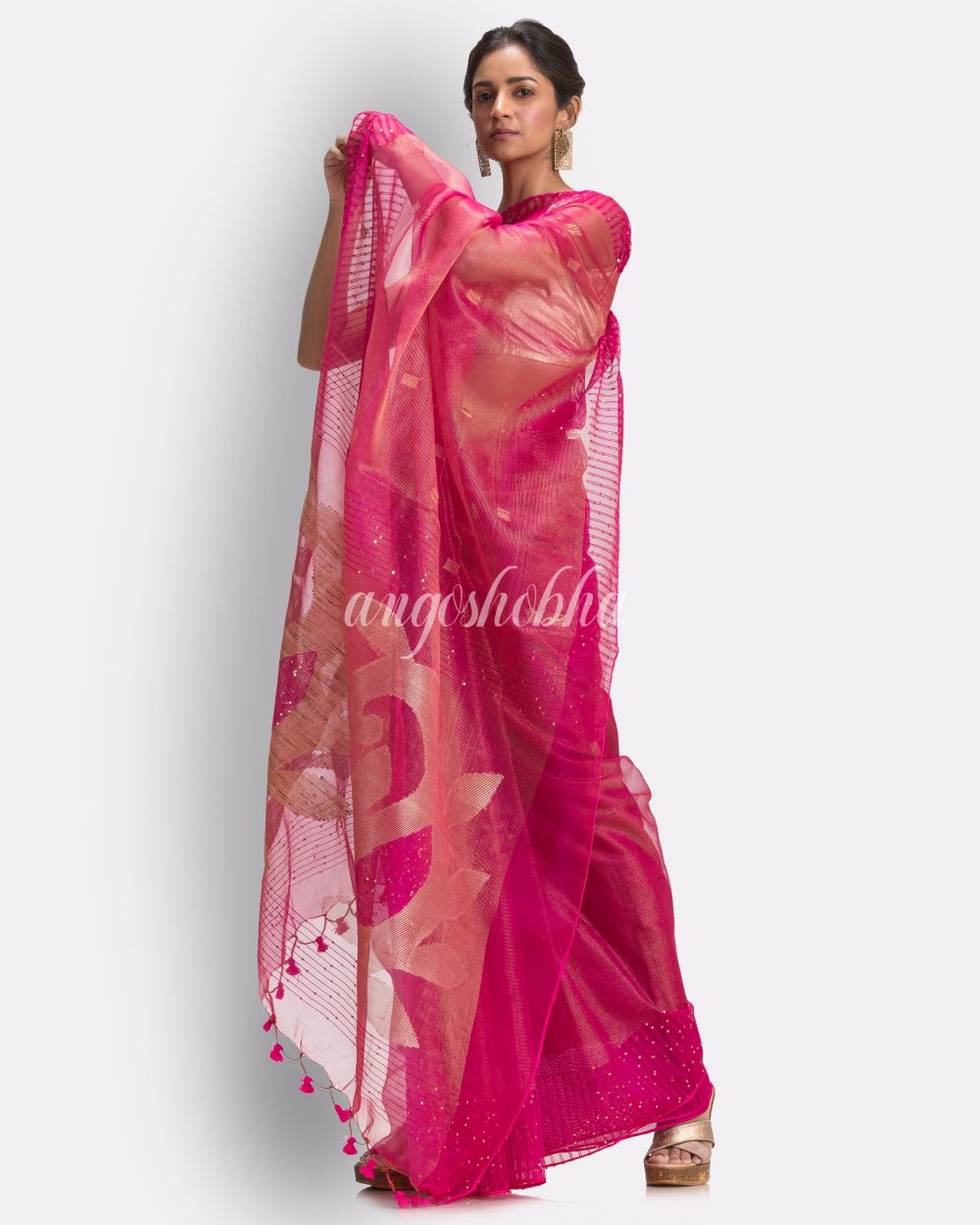 Rani Pink Art Silk Muslin Handloom Jamdani Saree angoshobha