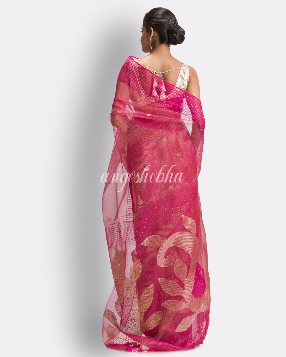 Rani Pink Art Silk Muslin Handloom Jamdani Saree angoshobha